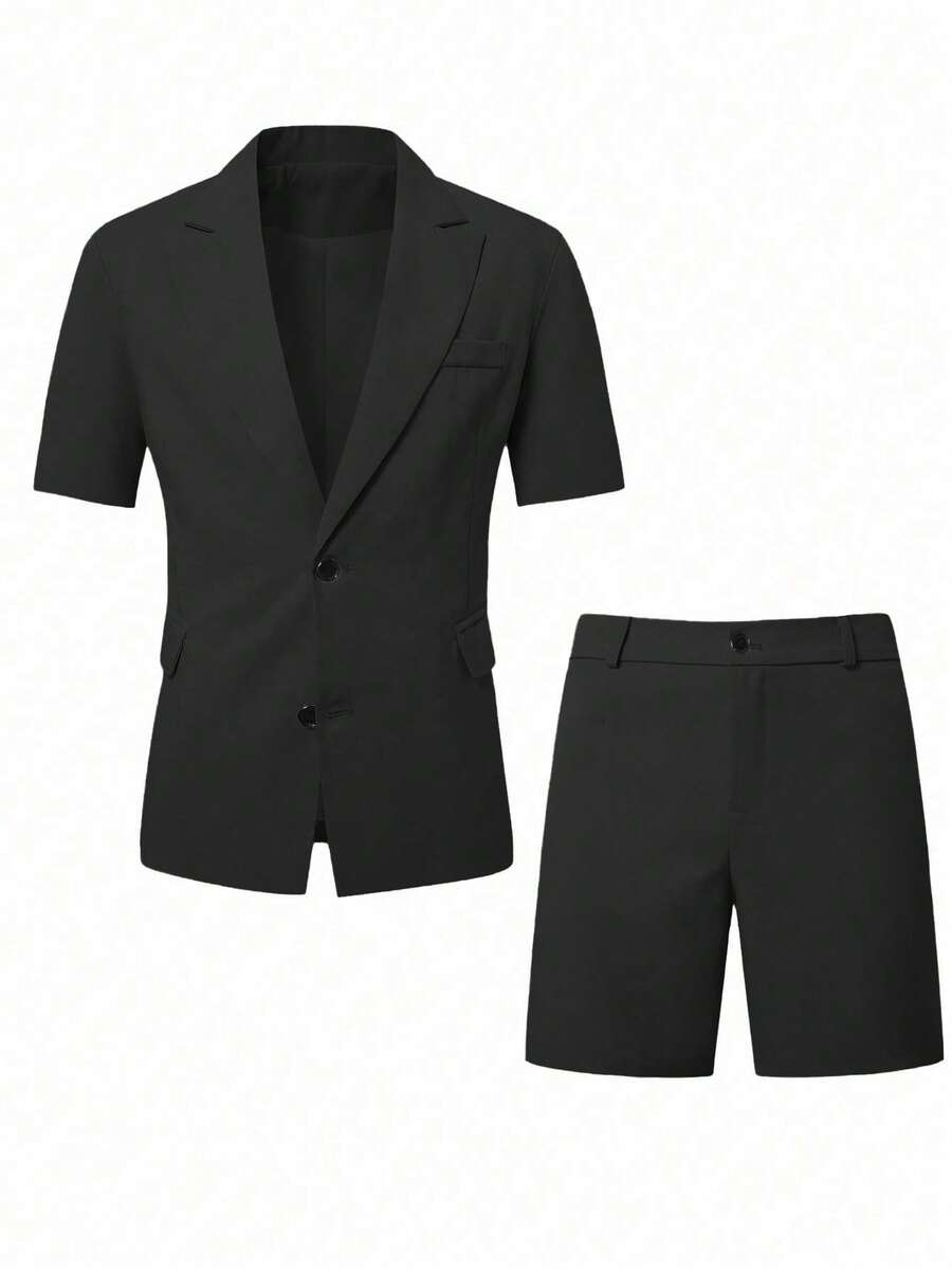 Short Sleeve Lapel Structured Buttoned Pocketed Set