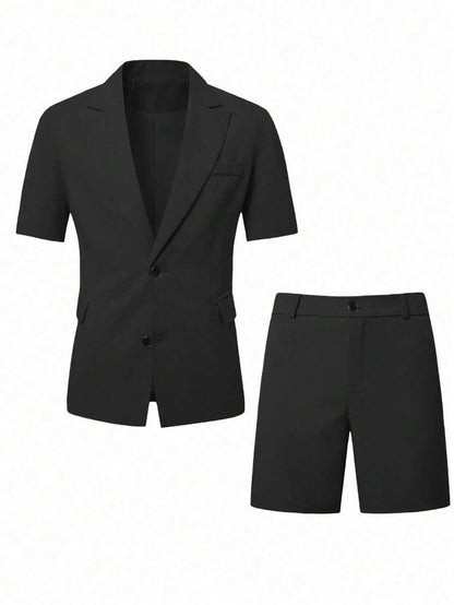 Short Sleeve Lapel Structured Buttoned Pocketed Set