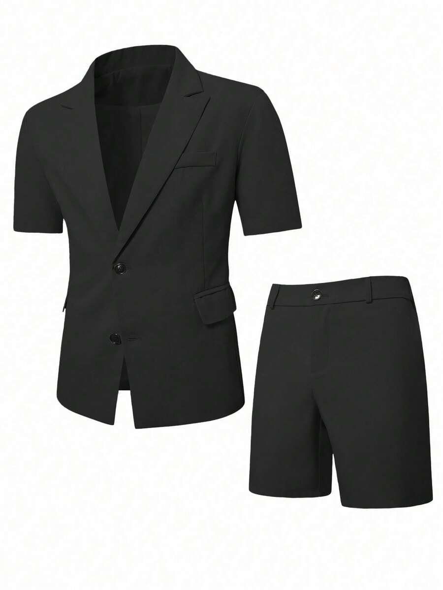 Short Sleeve Lapel Structured Buttoned Pocketed Set