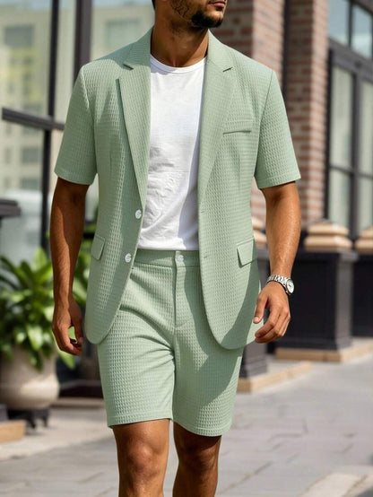 Short Sleeve Lapel Structured Buttoned Pocketed Set
