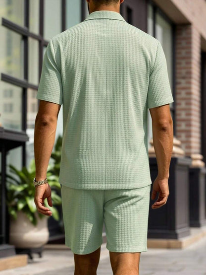 Short Sleeve Lapel Structured Buttoned Pocketed Set