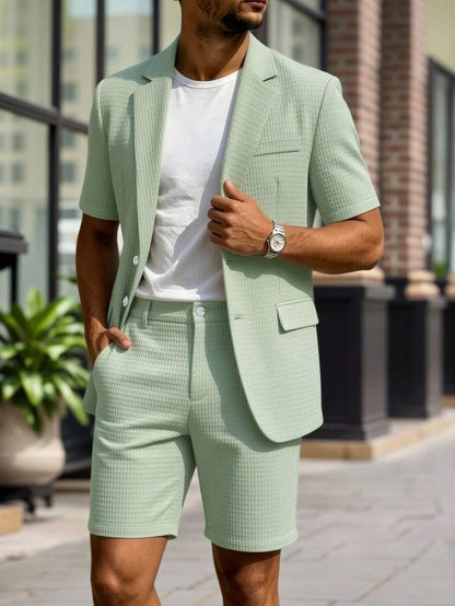 Short Sleeve Lapel Structured Buttoned Pocketed Set