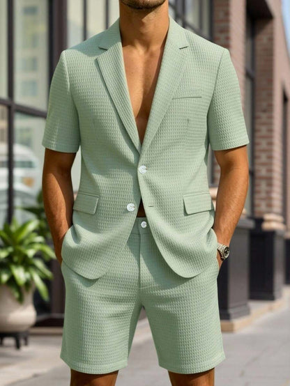 Short Sleeve Lapel Structured Buttoned Pocketed Set