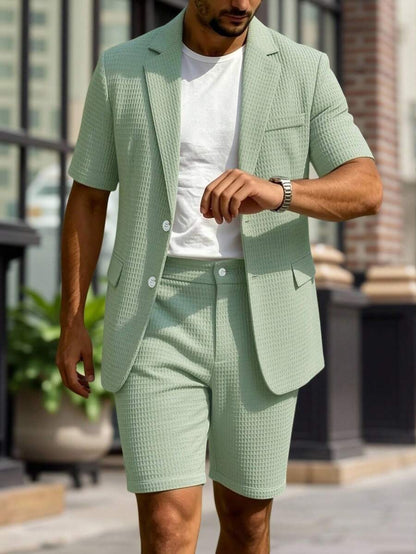 Short Sleeve Lapel Structured Buttoned Pocketed Set