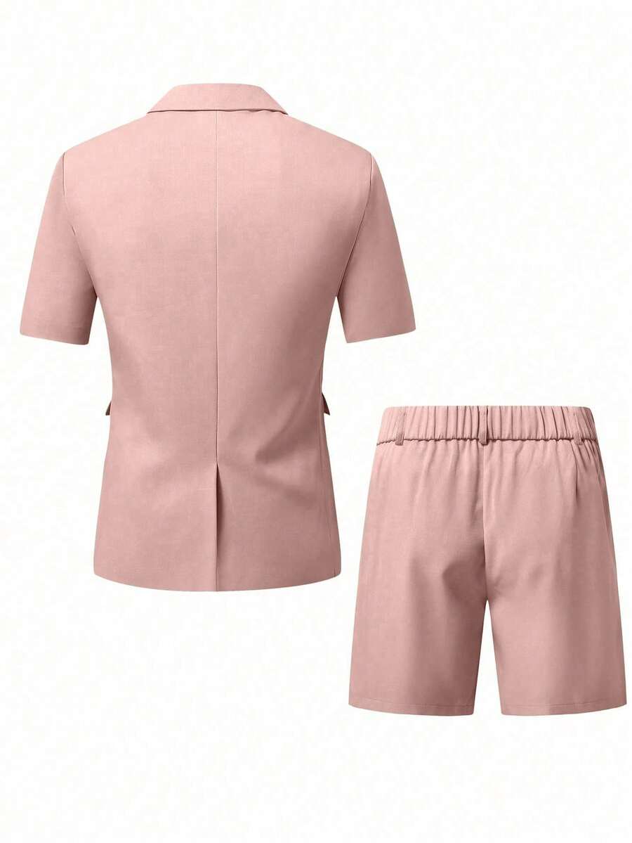 Short Sleeve Lapel Structured Buttoned Pocketed Set