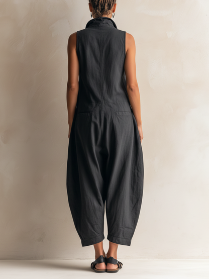 Collared Sleeveless Pocketed Baggy Sleeveless Jumpsuit