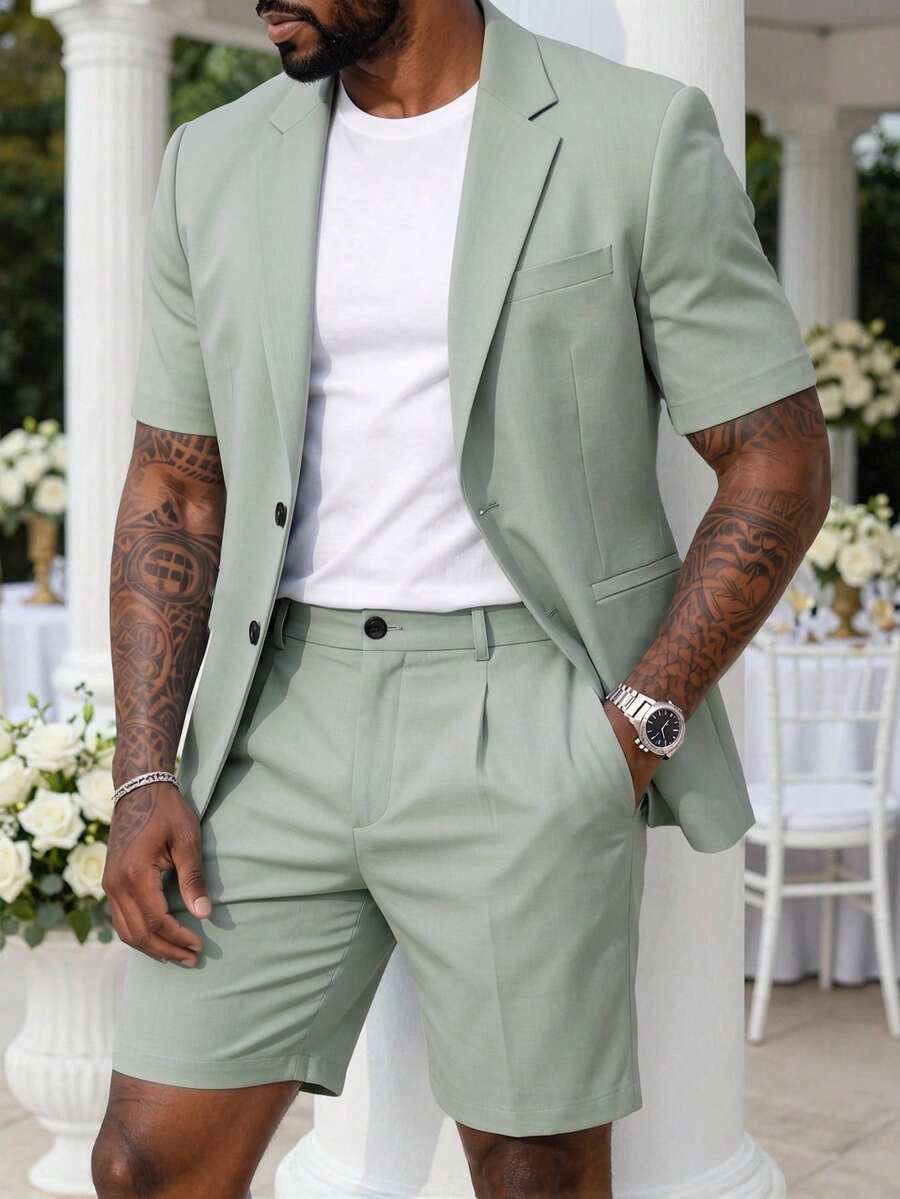 Short Sleeve Lapel Structured Buttoned Pocketed Set