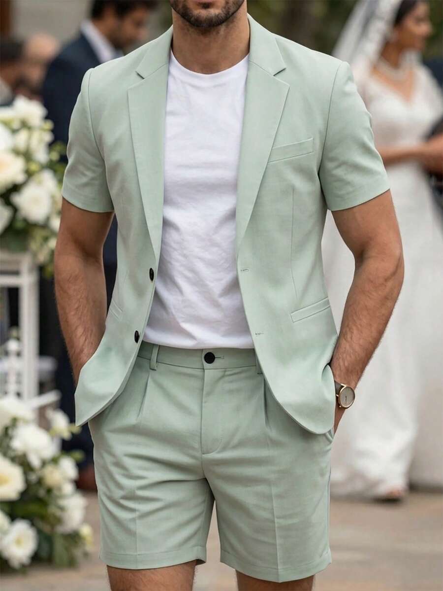 Short Sleeve Lapel Structured Buttoned Pocketed Set