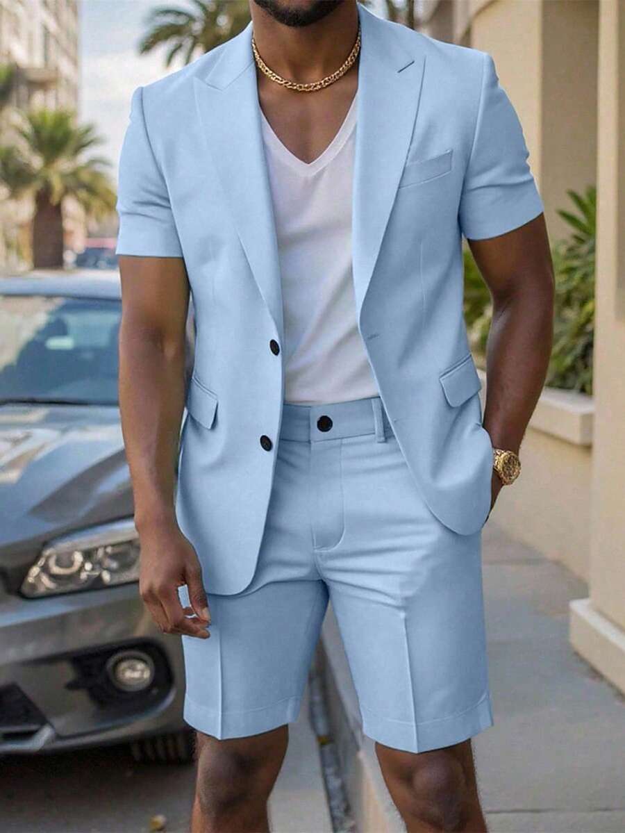 Short Sleeve Lapel Structured Buttoned Pocketed Set