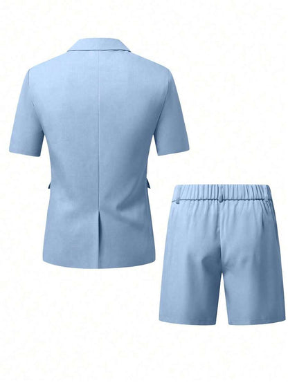 Short Sleeve Lapel Structured Buttoned Pocketed Set