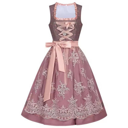 Women's Lace-Up Sweetheart Neckline Floral Embroidered Dirndl Dress