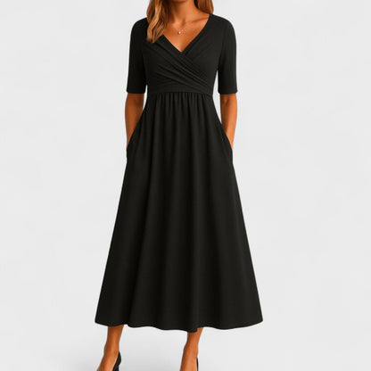 V-Neck Pocketed Midi Dress