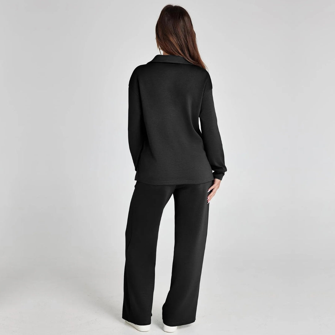 Women's V-Neck Long Sleeve Loungewear Set with Wide Leg Trousers