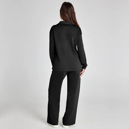 Women's V-Neck Long Sleeve Loungewear Set with Wide Leg Trousers