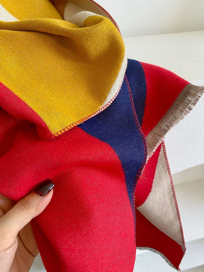 Geometric Curved Fringed Rectangular Long Scarf