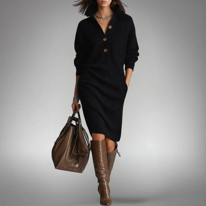 Button Collar Long Sleeve Knit Midi Dress