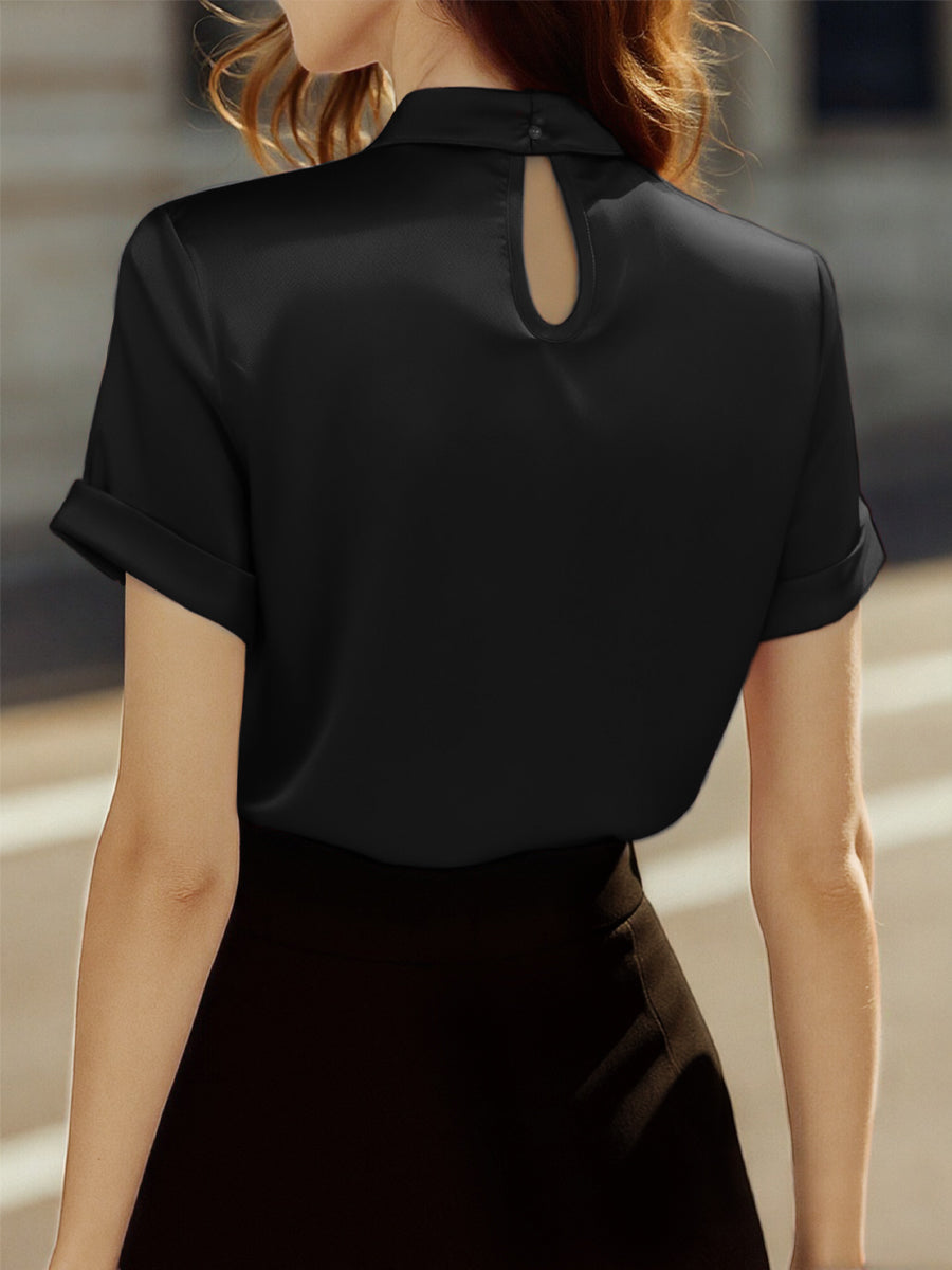 High Neck Keyhole Pleated Cuffed Blouse
