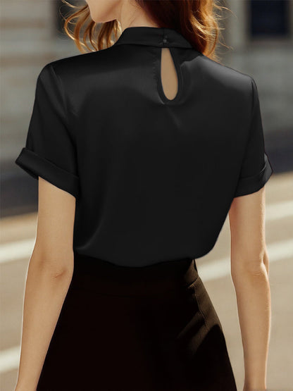 High Neck Keyhole Pleated Cuffed Blouse