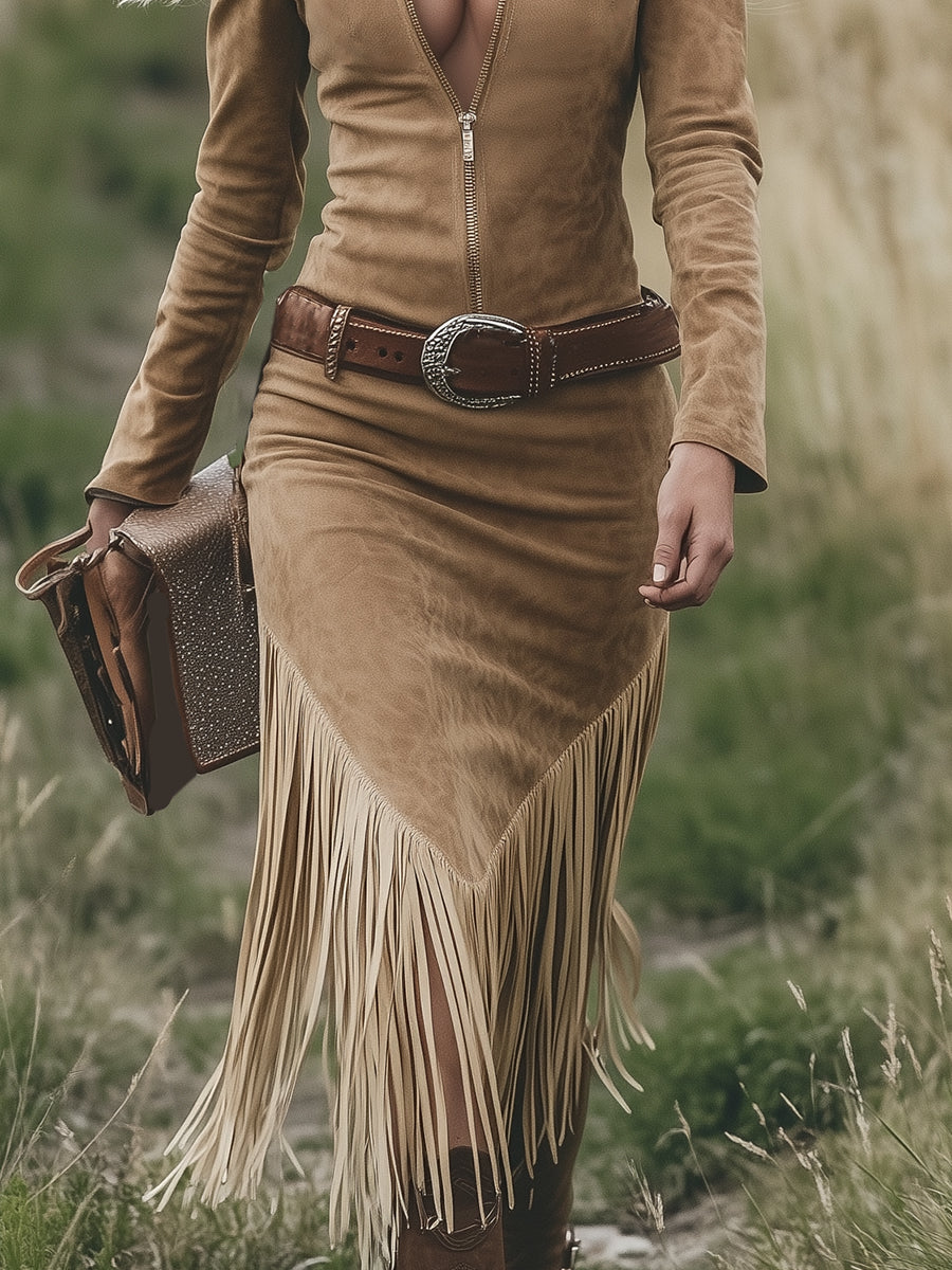 Zippered Pocketed Fringed Fitted Asymmetric Dress