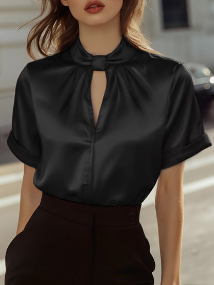 High Neck Keyhole Pleated Cuffed Blouse