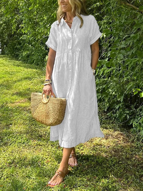 Striped Collared Buttoned Short Sleeved Dress