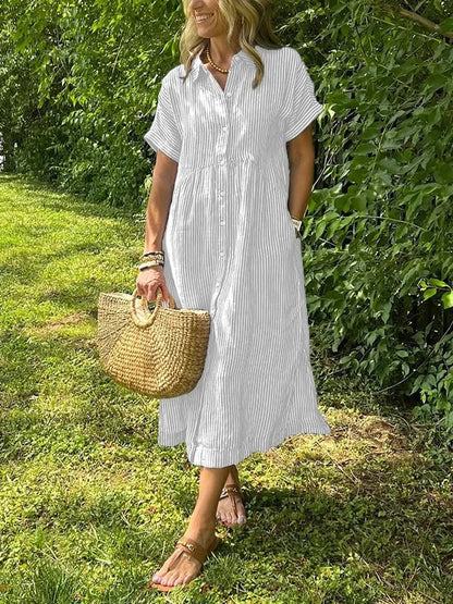 Striped Collared Buttoned Short Sleeved Dress