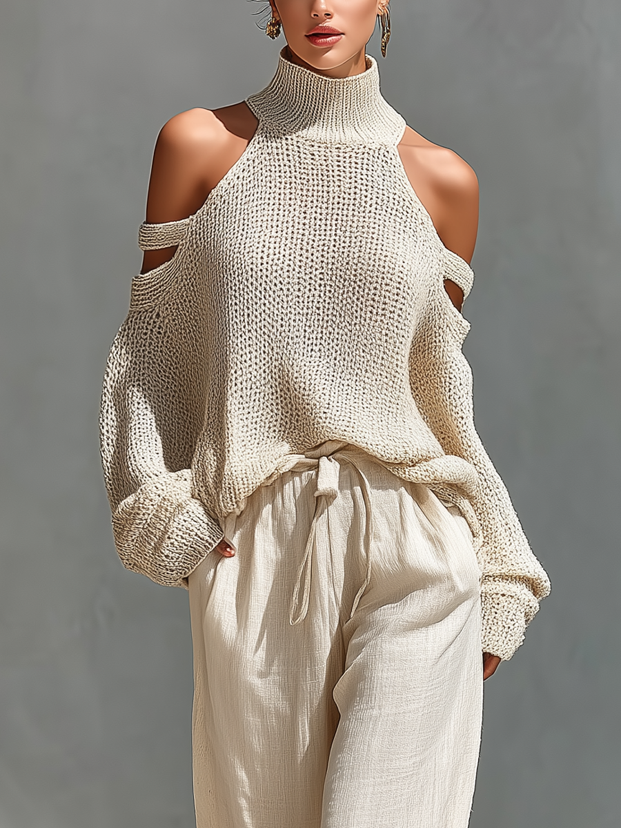 High Neck Cutout Shoulder Knitted Set