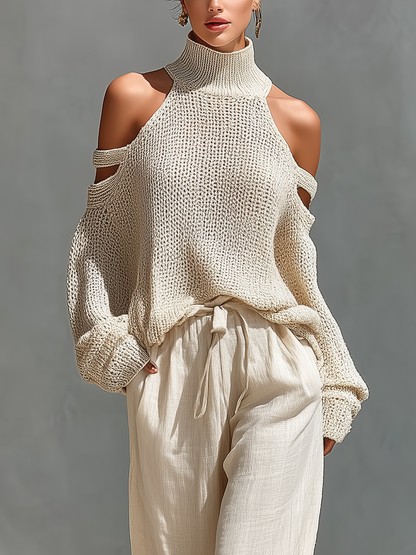 High Neck Cutout Shoulder Knitted Set