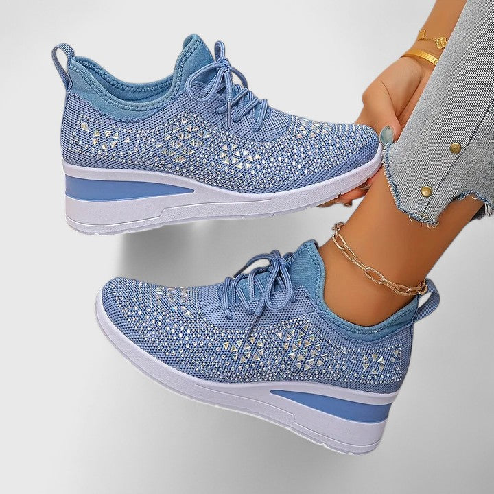 Rhinestone Mesh Lace-Up Wedge Sneakers