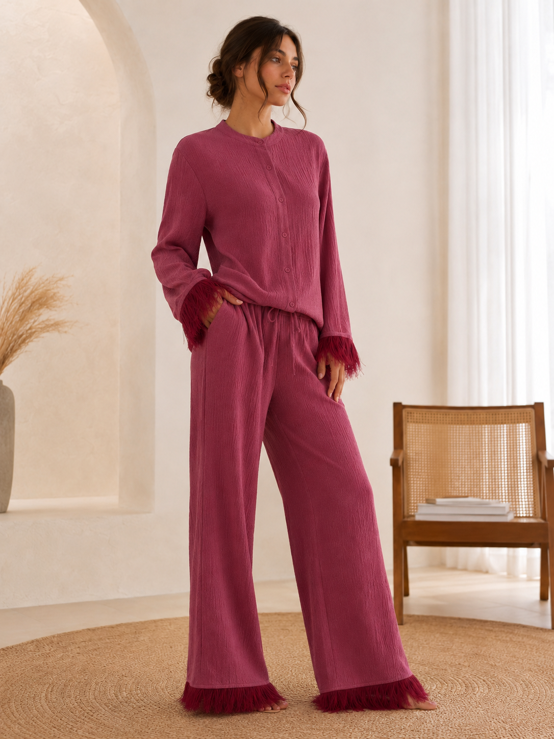 Collared Button Front Feather Cuff Loungewear Set For Women