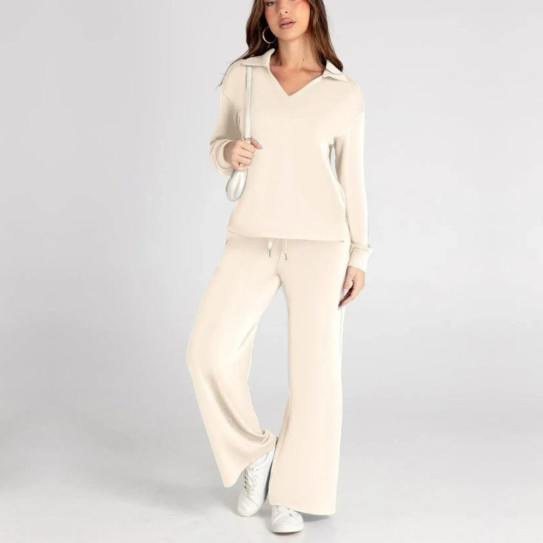 Women's V-Neck Long Sleeve Loungewear Set with Wide Leg Trousers