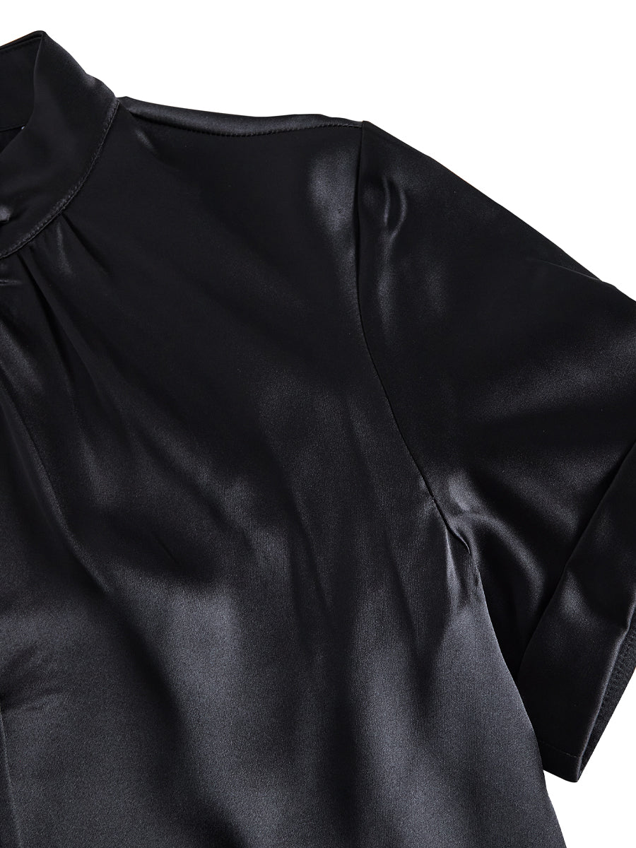 High Neck Keyhole Pleated Cuffed Blouse