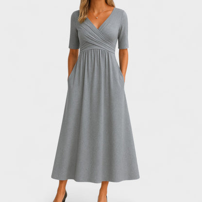 V-Neck Pocketed Midi Dress