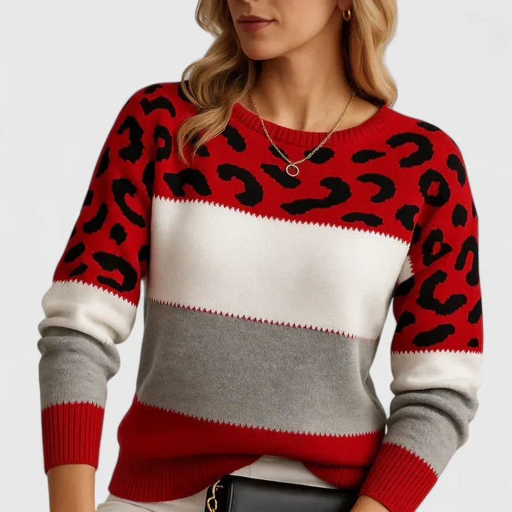 Women's Crew Neck Long Sleeve Leopard Print Colorblock Cardigan Sweater