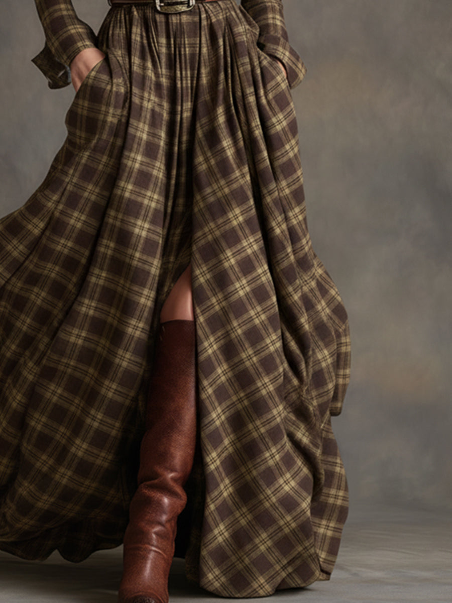 Collared Long Sleeved Plaid Pocketed Maxi Dress