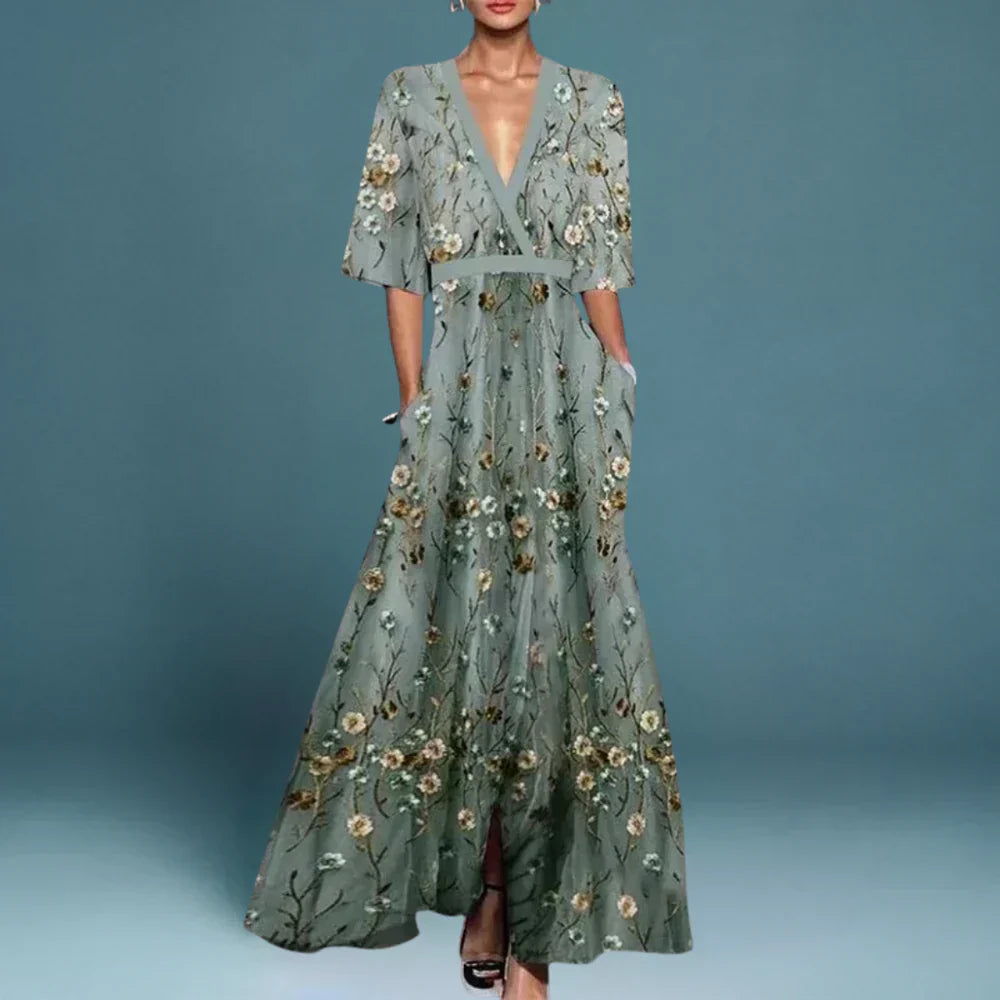 Wrapped Waist V Neck Floral Maxi Dress