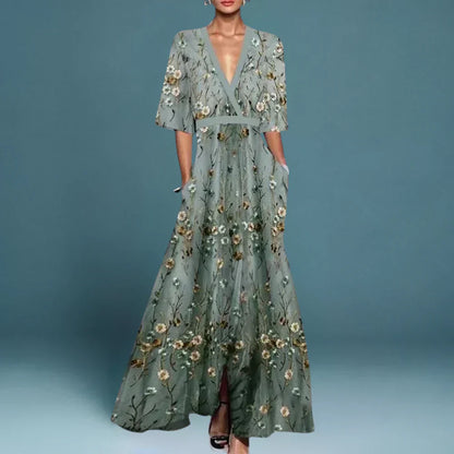 Wrapped Waist V Neck Floral Maxi Dress