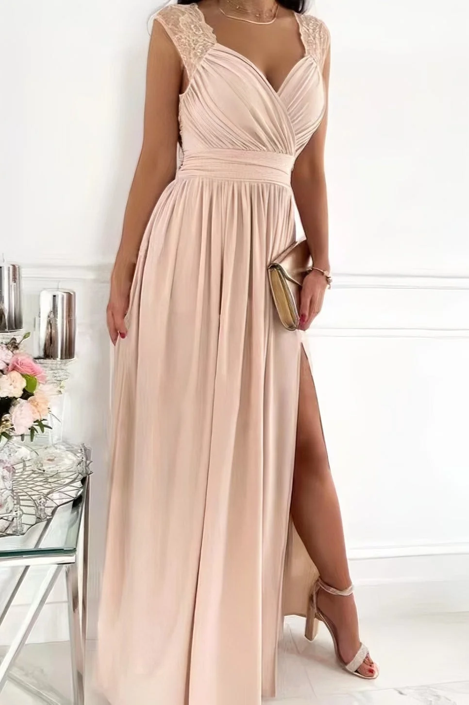 Ruched Surplice Slit Cap Maxi Gathered Dress