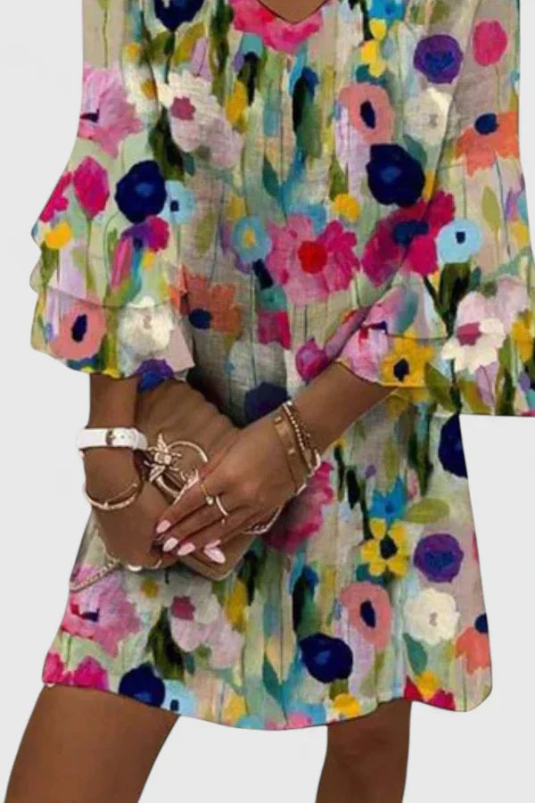 V Neck Floral Tiered Sleeve Mini Dress