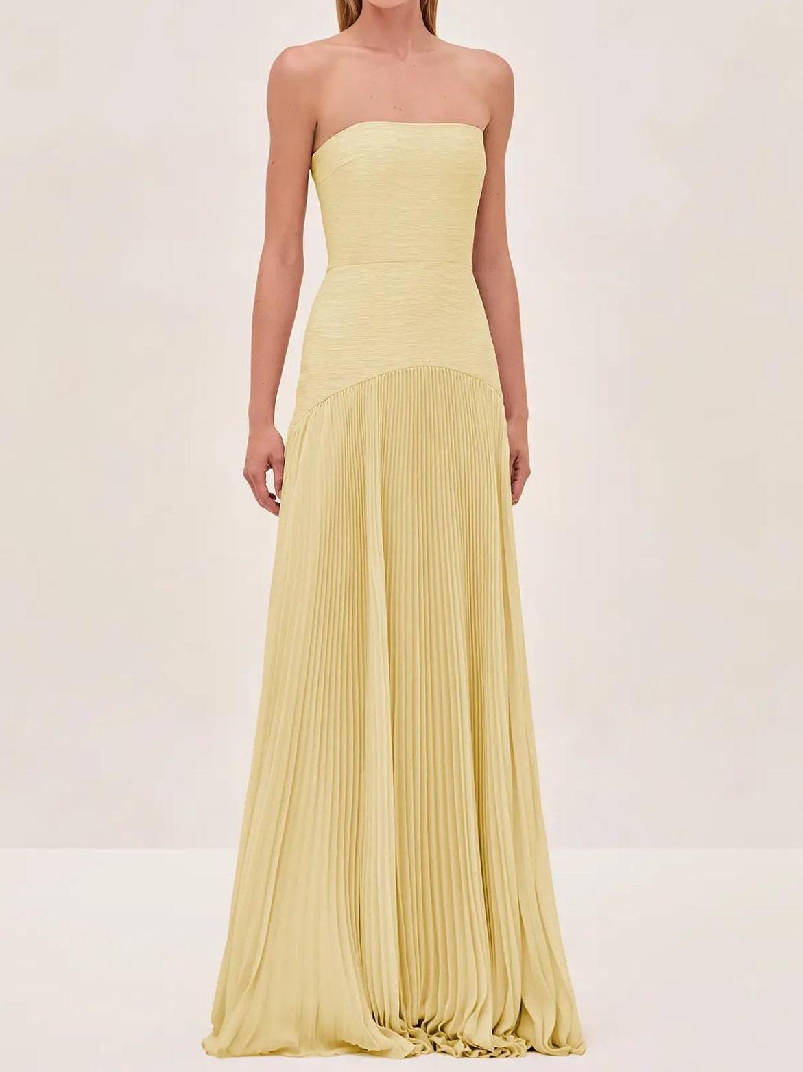 Strapless Fitted Curved Pleated Long Solid Dress