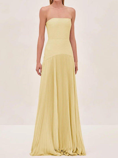 Strapless Fitted Curved Pleated Long Solid Dress
