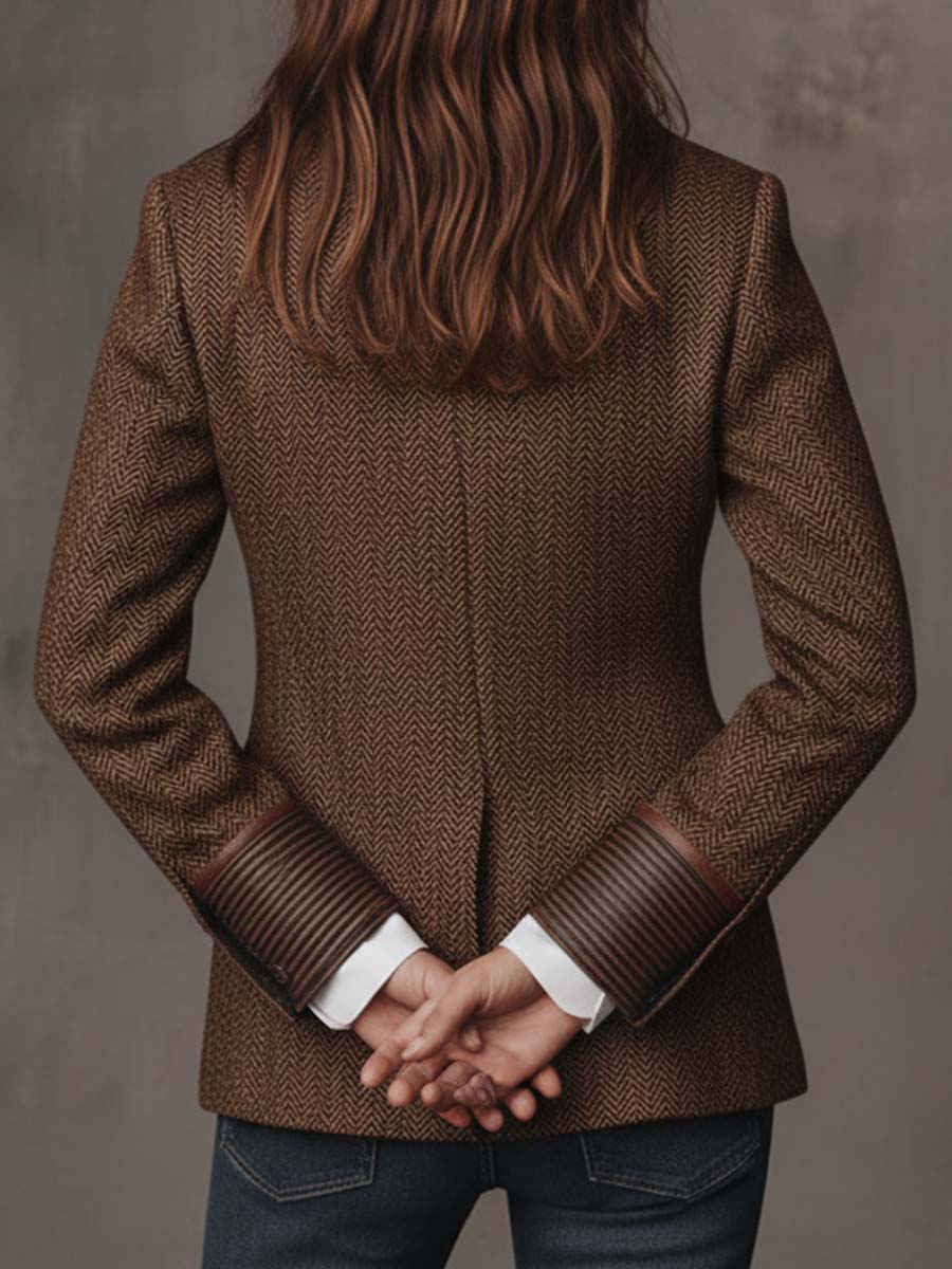 Women's Peak Lapel Long Sleeve Herringbone Blazer