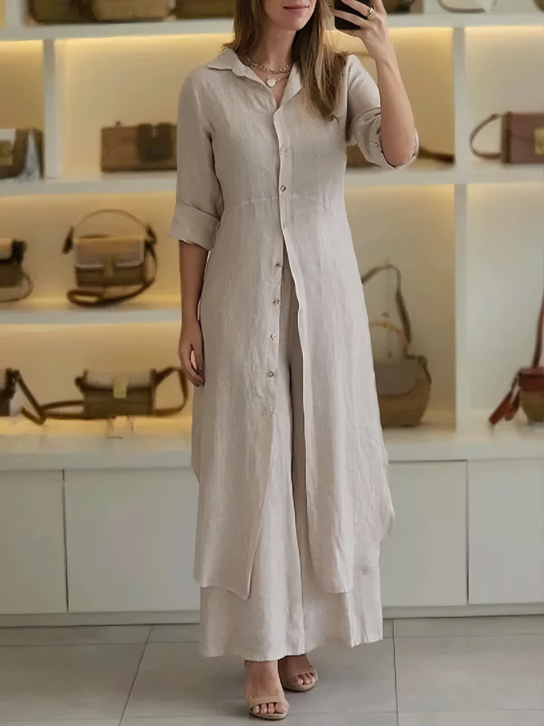 Women's Collared Long Sleeve Button-Front Maxi Shirt Dress Set