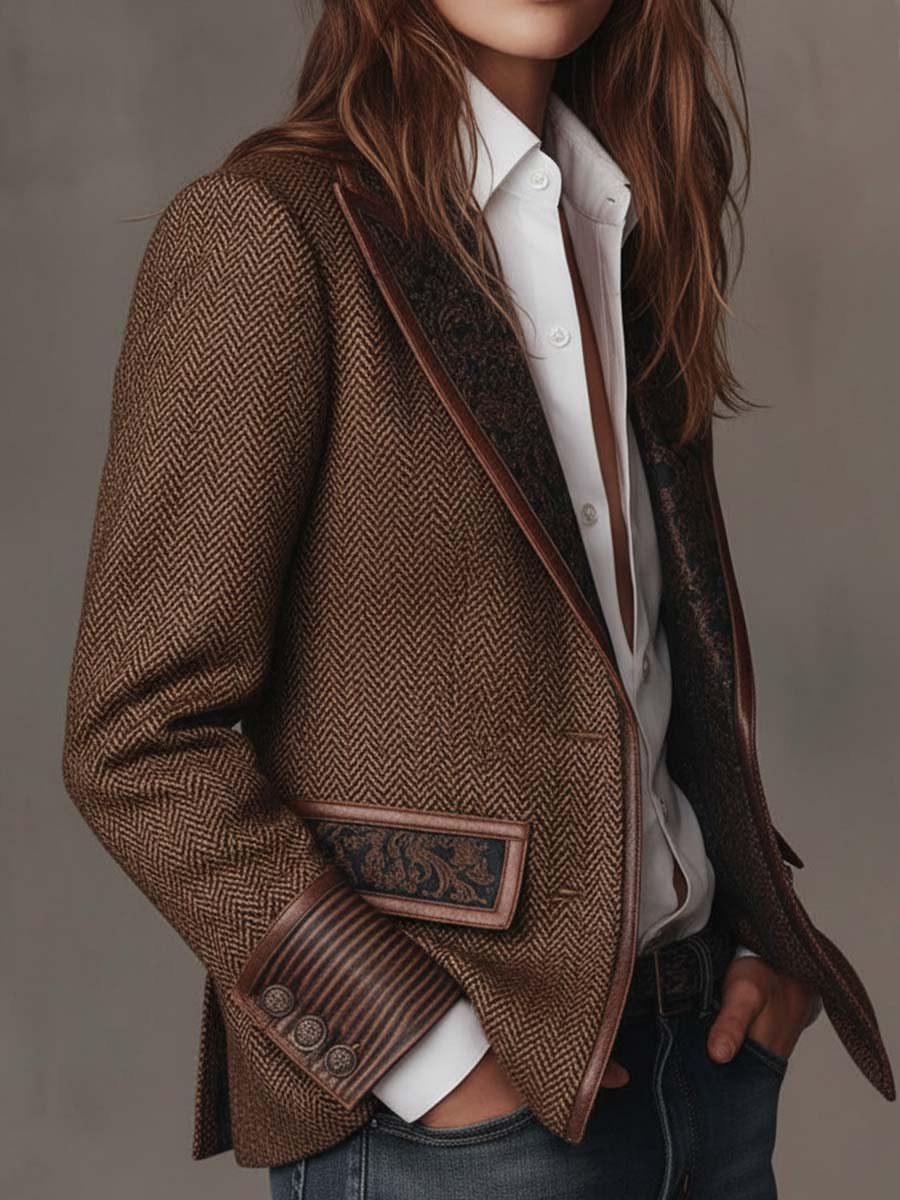 Women's Peak Lapel Long Sleeve Herringbone Blazer
