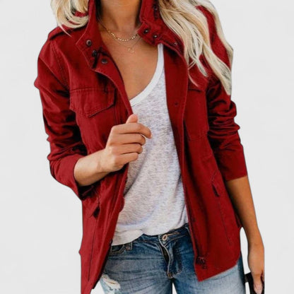Collared Zippered Pocketed Gathered Cuffed Long Jacket