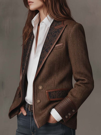 Women's Peak Lapel Long Sleeve Herringbone Blazer