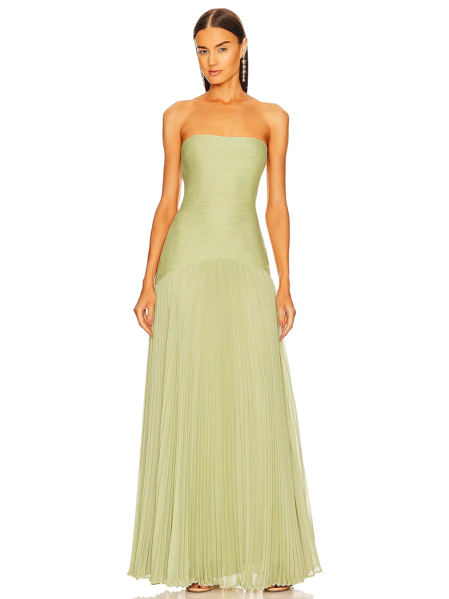 Strapless Fitted Curved Pleated Long Solid Dress