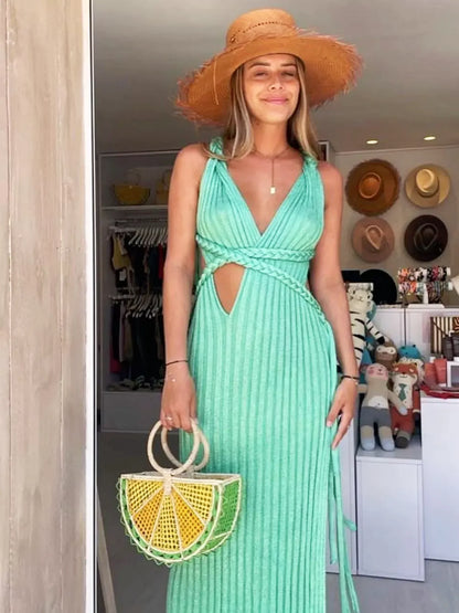 Plunging V Neck Cutout High Slit Ribbed Maxi Dress