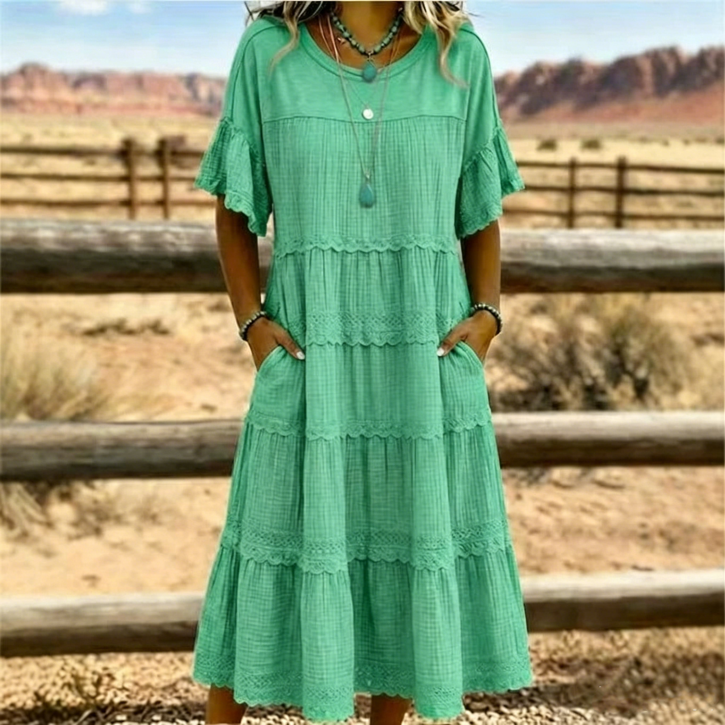 Tiered Scalloped Gathered Pocketed Flared Textured Dress