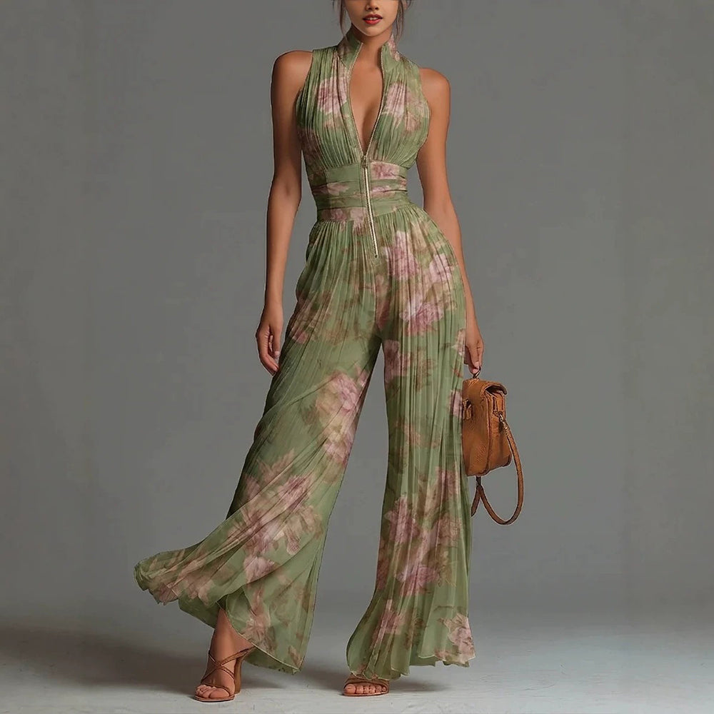Pleated Sleeveless Mock Neck Zipper Wide Leg Jumpsuit